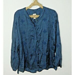 CHICO'S Tunic Blouse Size 2 Medium Blue Long Sleeve Embroidery Lace Silky